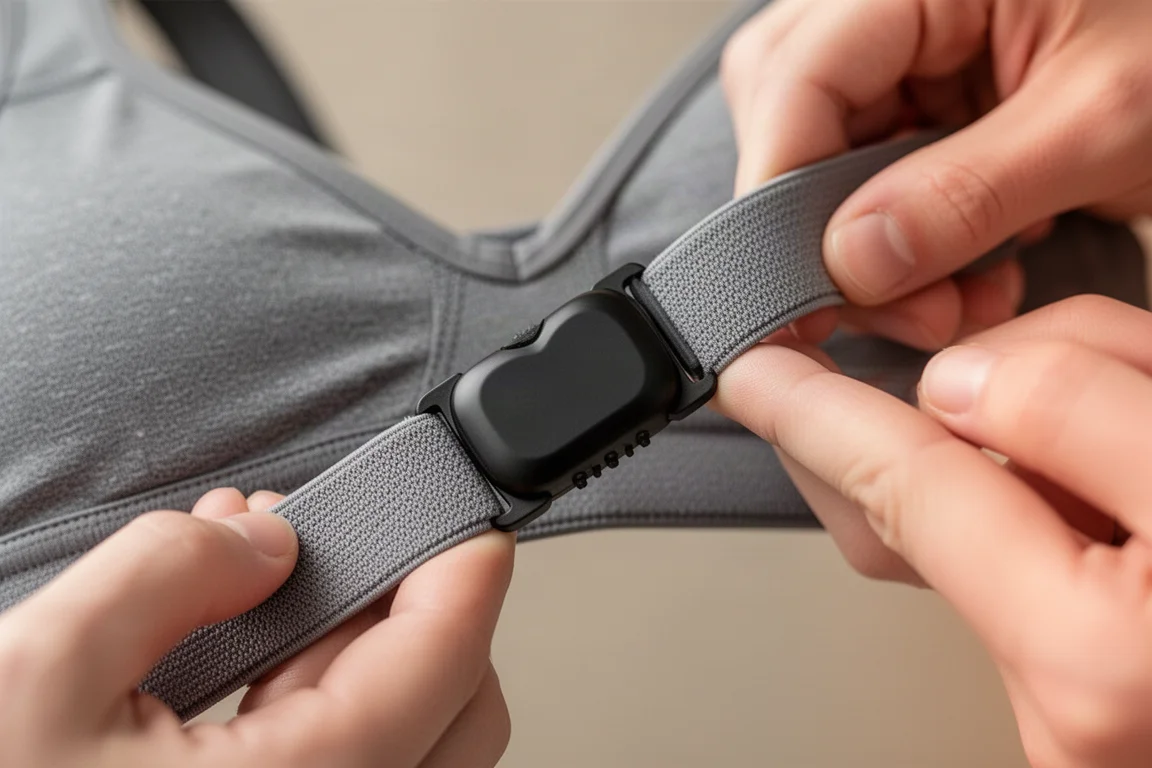 Close-up of the strap's clasp teeth being pressed into the underside band of a sports bra