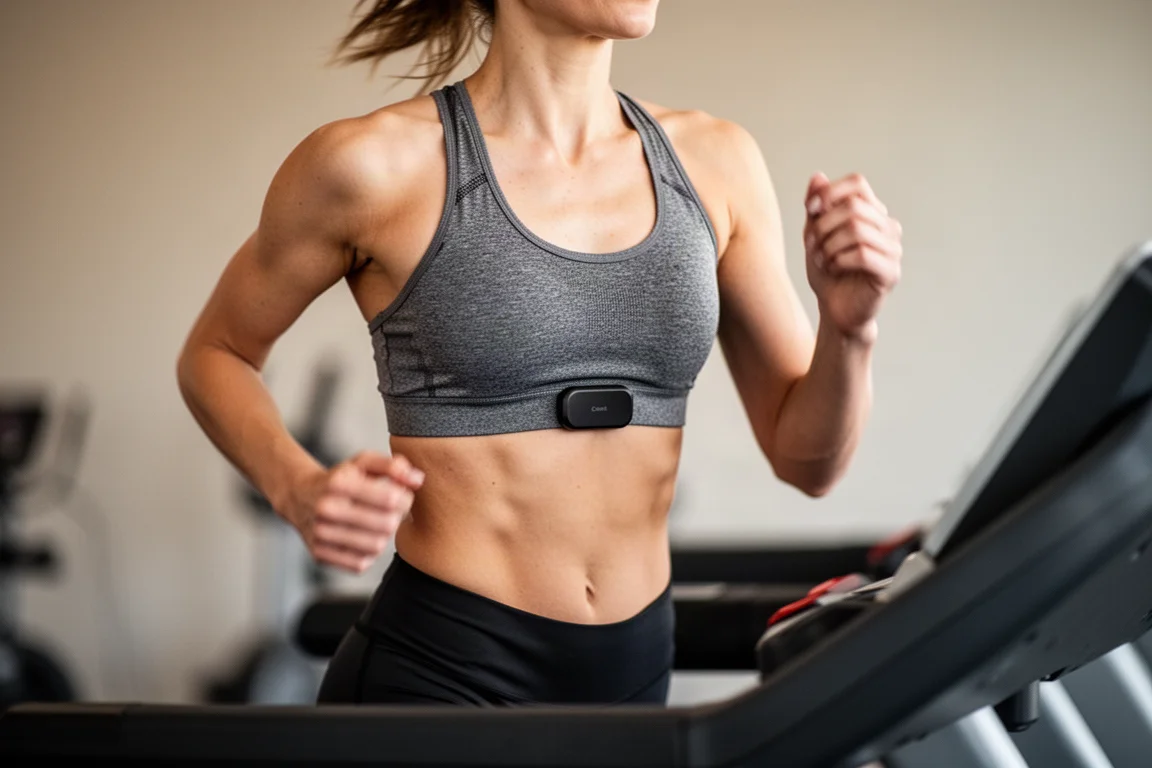 Runner on an indoor treadmill with the strap staying fixed in place