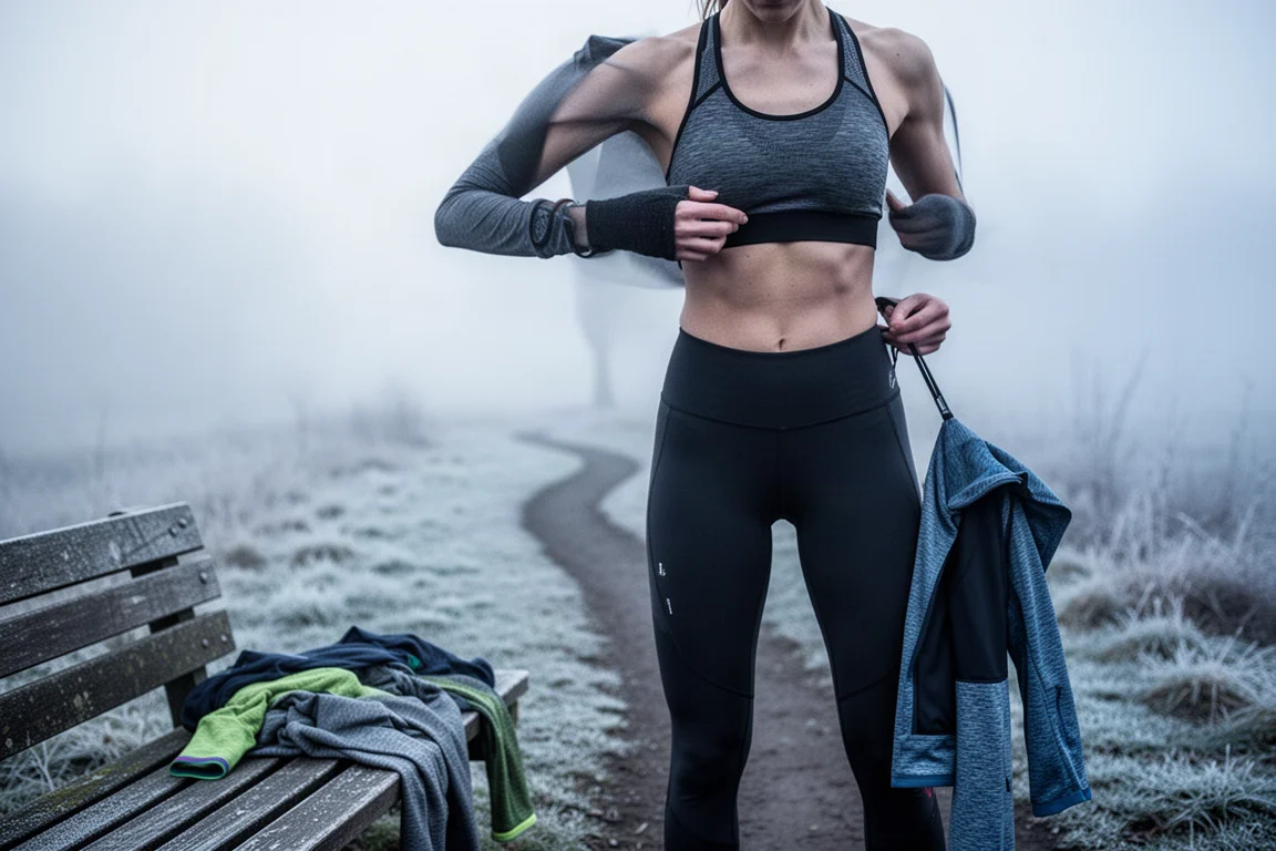 Athlete adjusting a sports bra strap before a cold-weather outdoor run