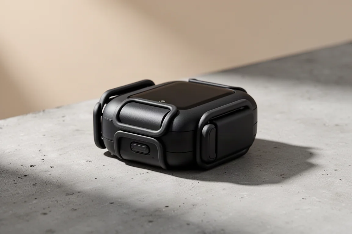 Garmin HRM Fit heart rate sensor unit with clasps on a concrete surface