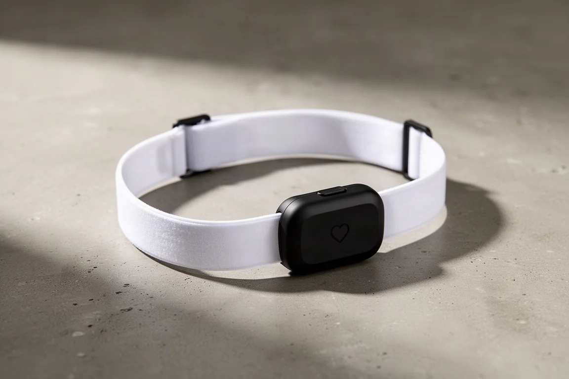 Garmin HRM-Pro Plus Brustgurt mit schwarzem Sendermodul auf Betonuntergrund