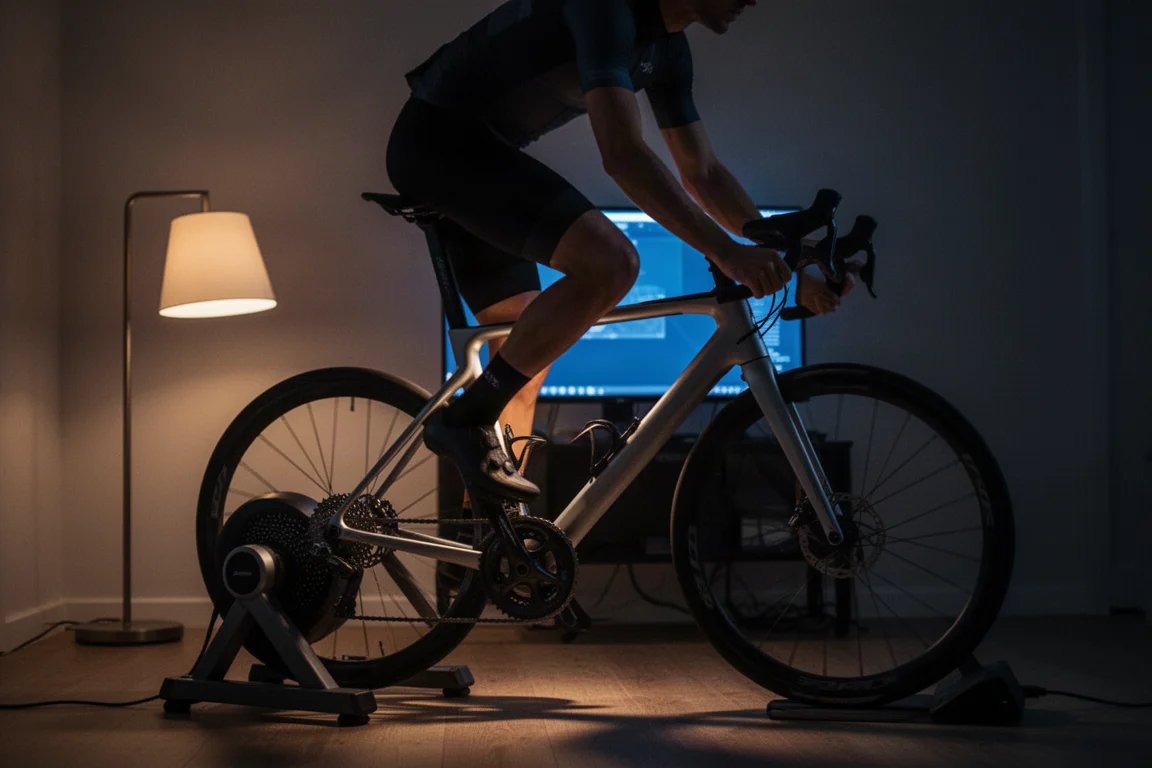 Person auf einem Indoor-Rollen-Trainer bei Nacht mit hoher Anstrengung