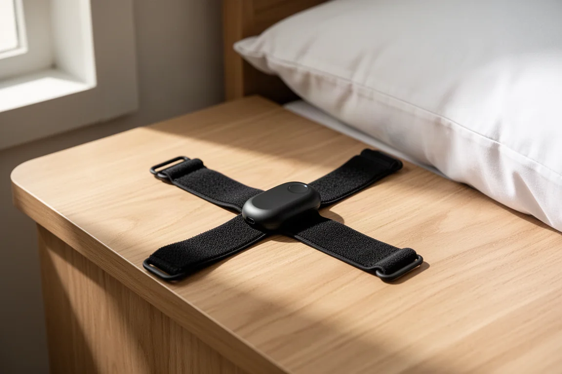 Black fabric sleep monitor band resting on a bedside table