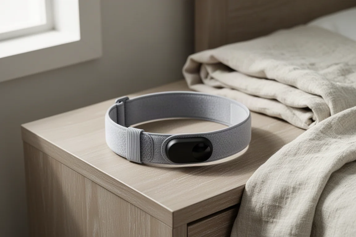 Garmin Index Sleep Monitor fabric band with sensor pod on a wooden bedside table