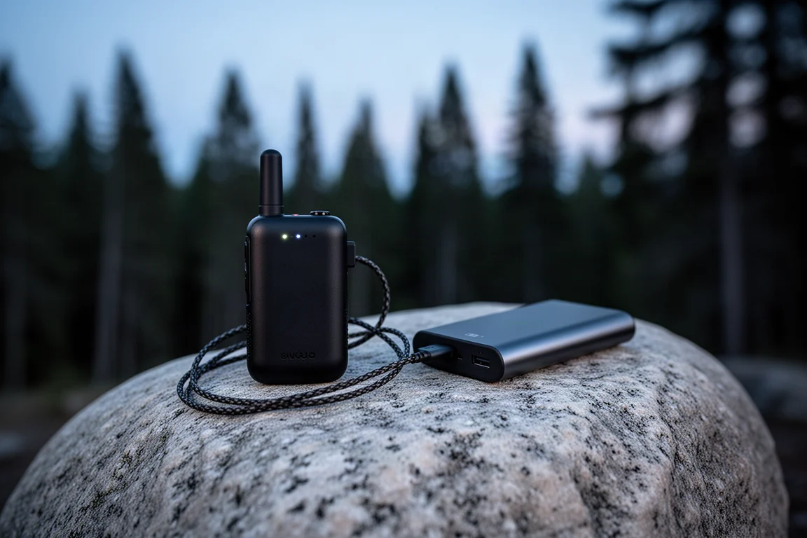 Disposizione piatta di un power bank, cavo di ricarica, lampada frontale e mappa su un tavolo di legno