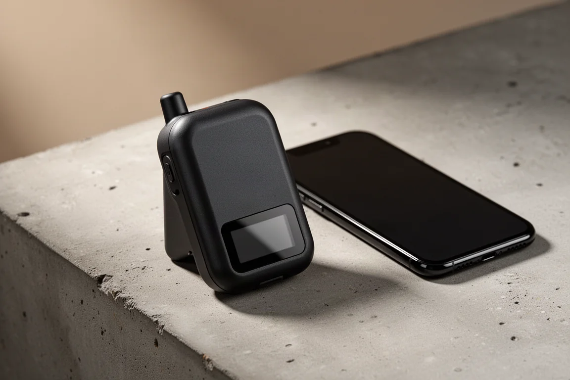 Comunicatore satellitare compatto accanto a uno smartphone su una superficie di cemento opaco