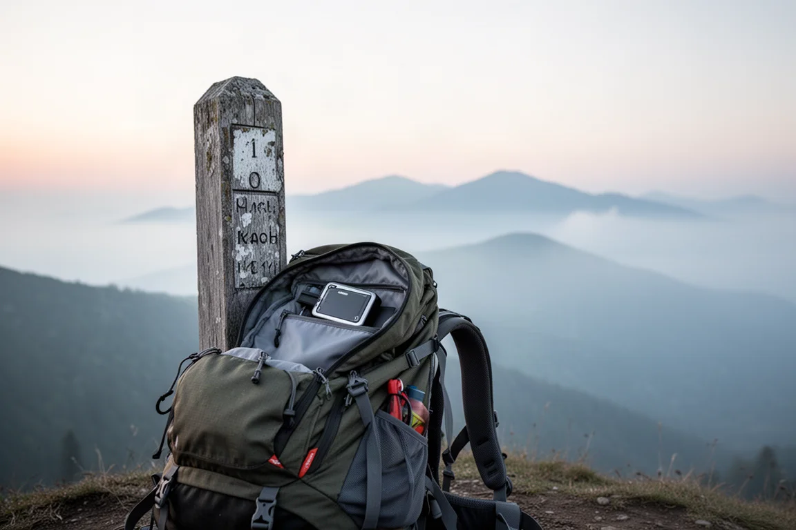 Loaded hiking backpack on granite with a small device tucked in the top pocket at dawn