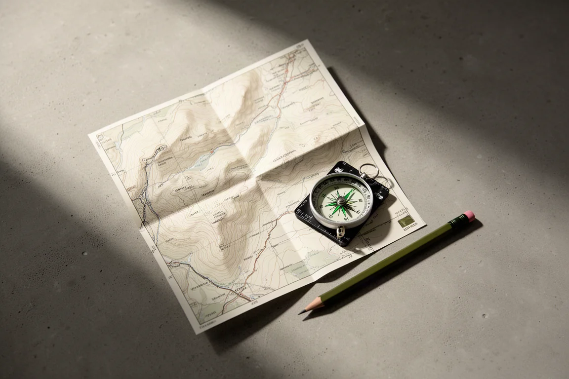 Paper topographic map, compass and pencil flat-lay with a small device on weathered wood