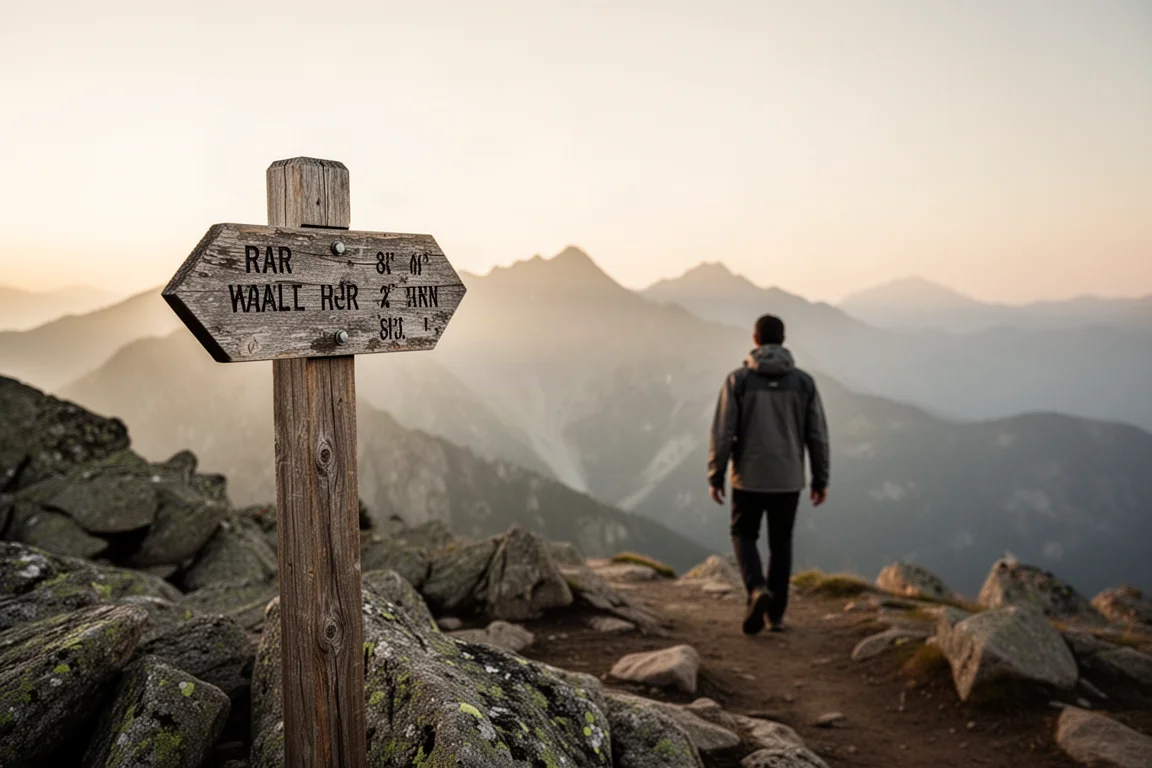 Daypack and trekking poles at a trailhead with ridgelines fading in late light
