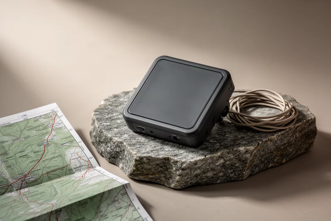 Compact satellite communicator with square antenna panel on granite beside a paper map