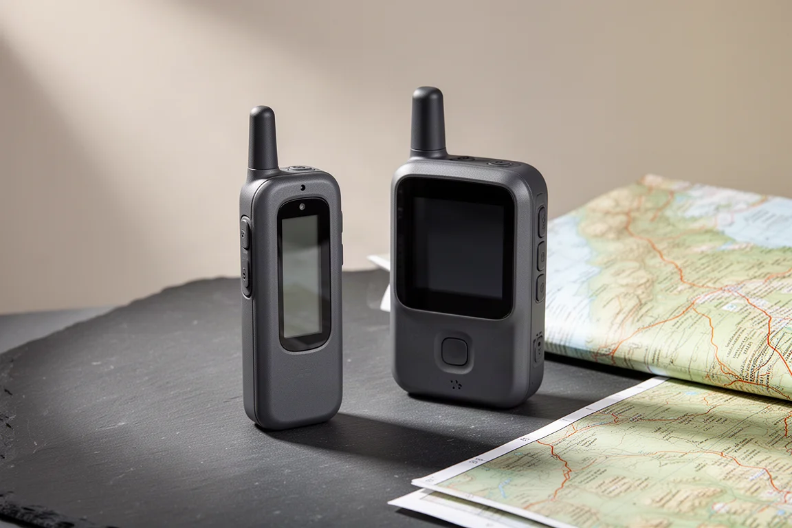 Two compact Garmin inReach satellite communicators side by side on a concrete surface