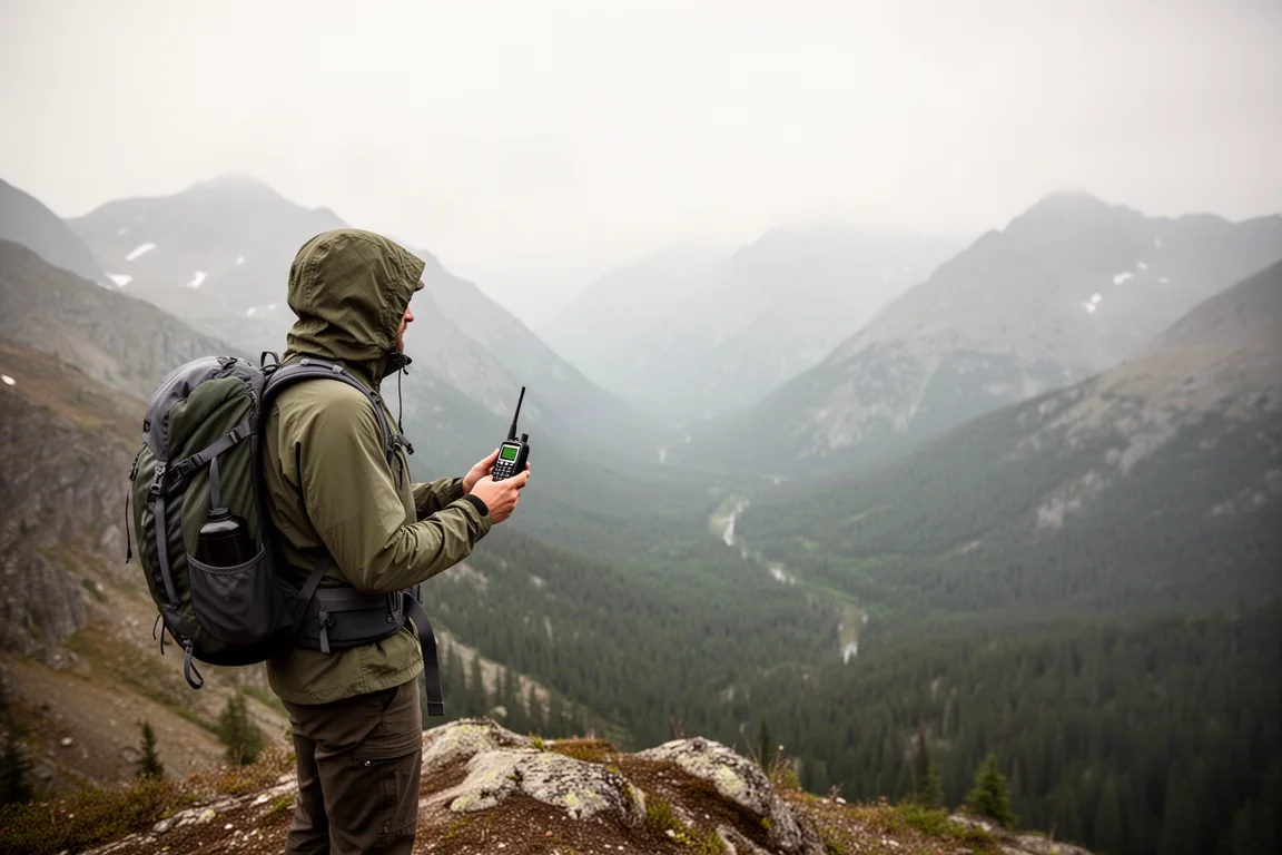 Senderista en montañas remotas, muy lejos de la cobertura celular, consultando un pequeño dispositivo de mano