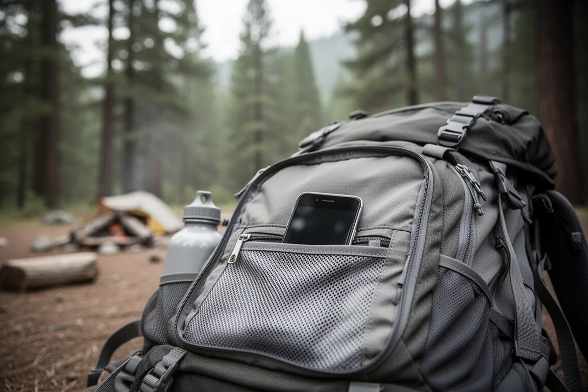 Teléfono inteligente en un bolsillo de malla de una mochila en plena naturaleza