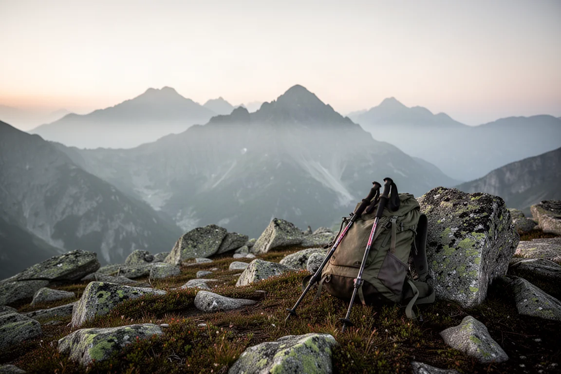 Alpine ridge at dawn with a backpack and trekking poles resting on granite
