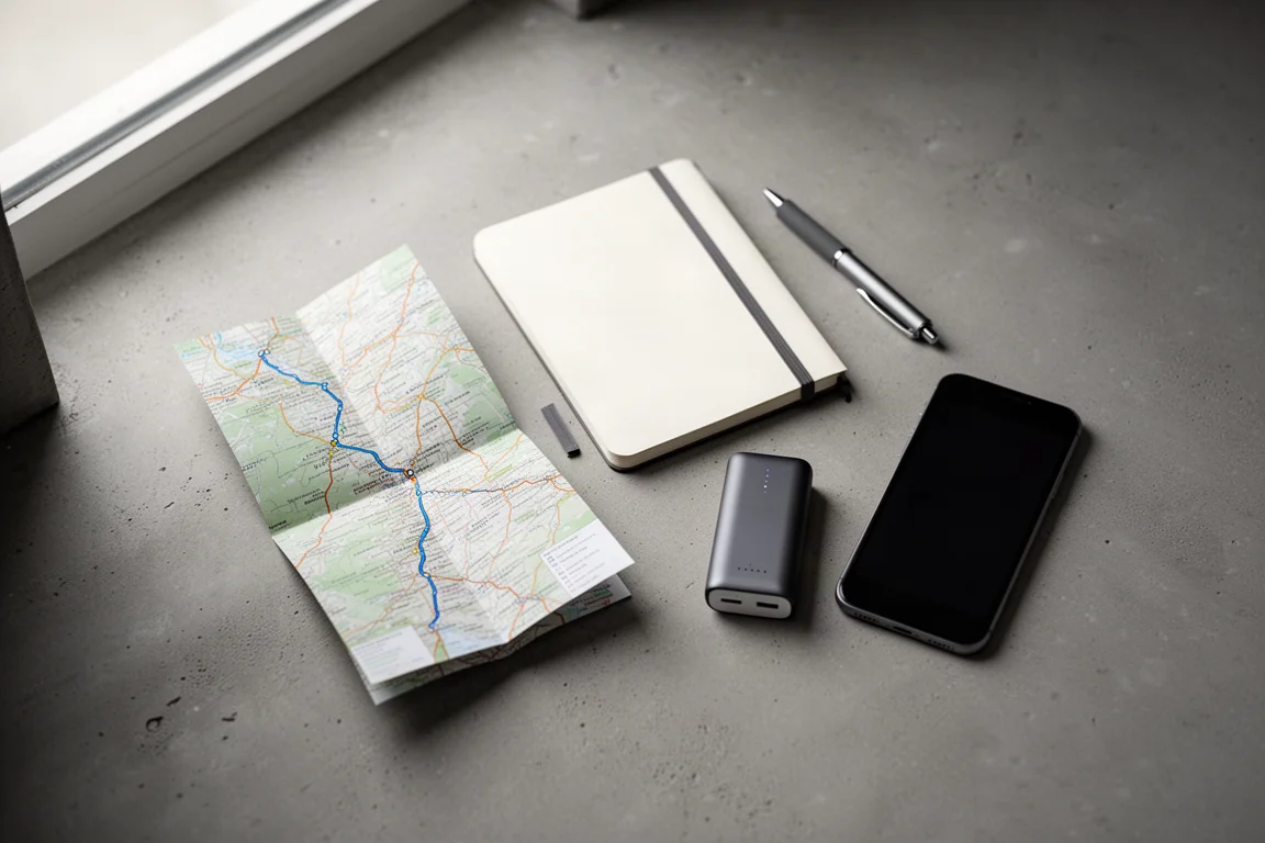 Overhead flat-lay of a trail map, notebook, power bank, and phone on concrete