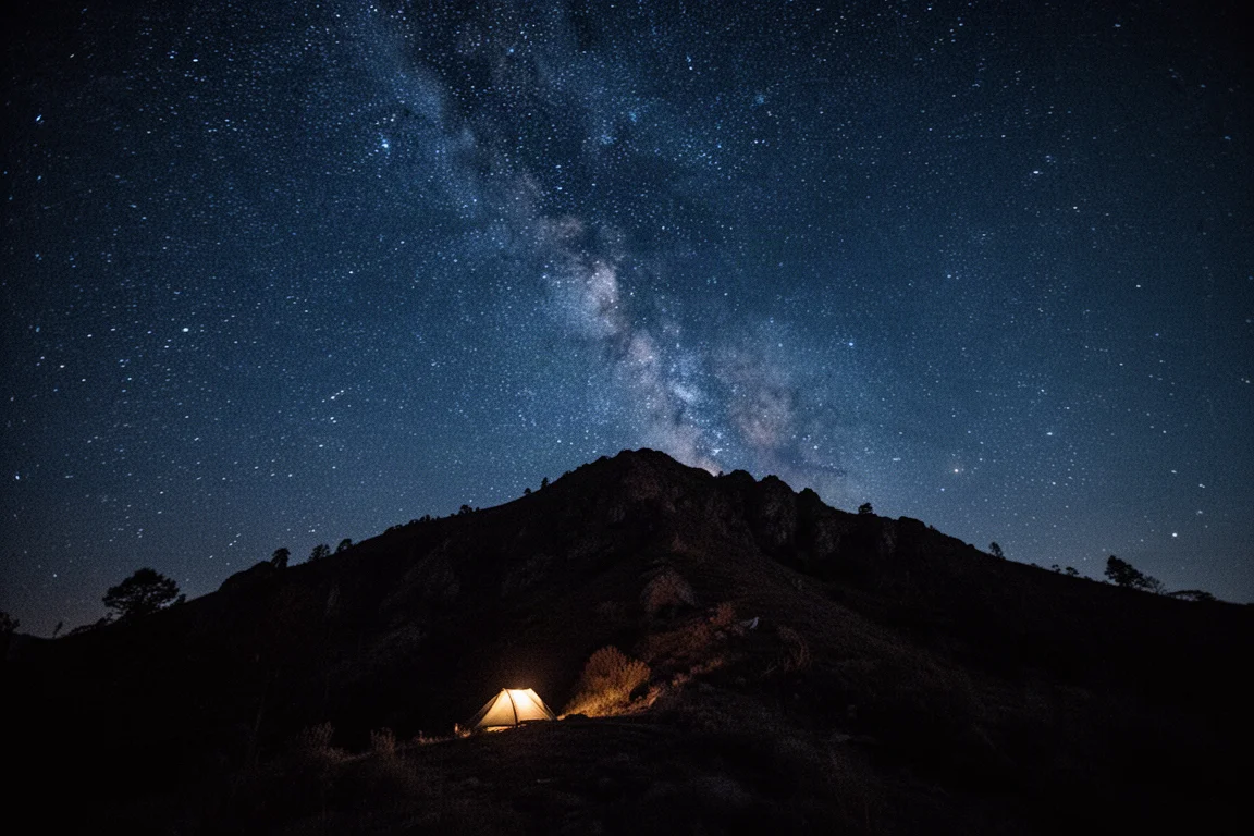 Night sky full of stars above a silhouetted mountain ridge with a distant tent glow