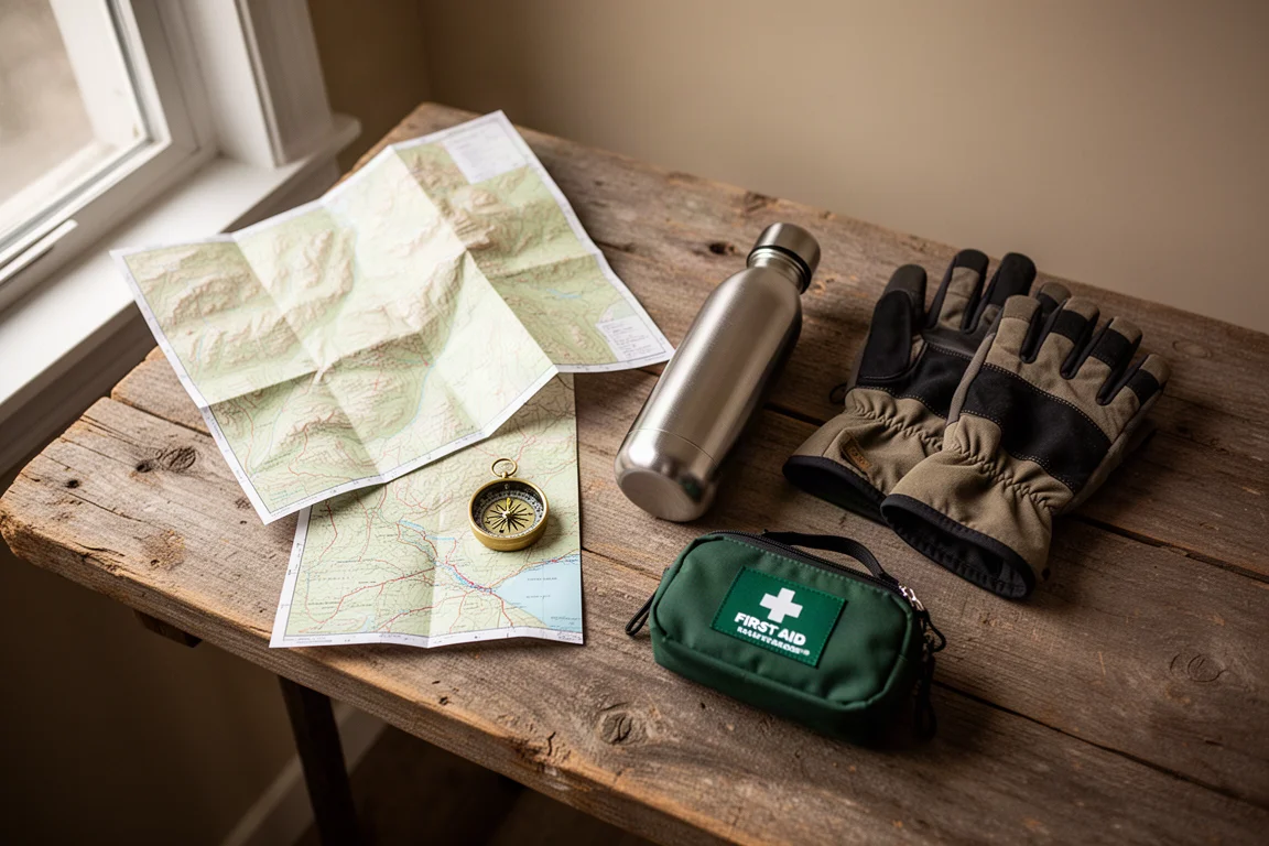 Overhead flat-lay of a topographic map, compass, water bottle, gloves, and first aid pouch