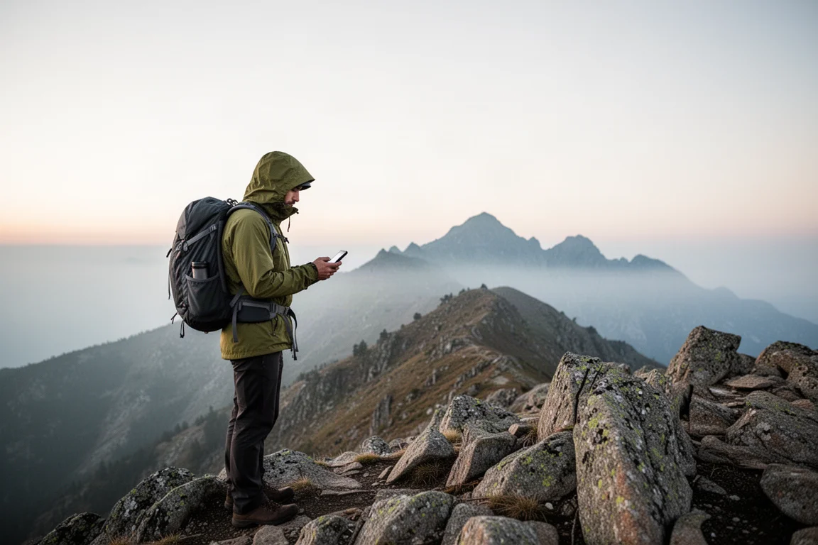Wanderer auf einem felsigen Grat im ersten Licht beim Prüfen eines kleinen Handgeräts