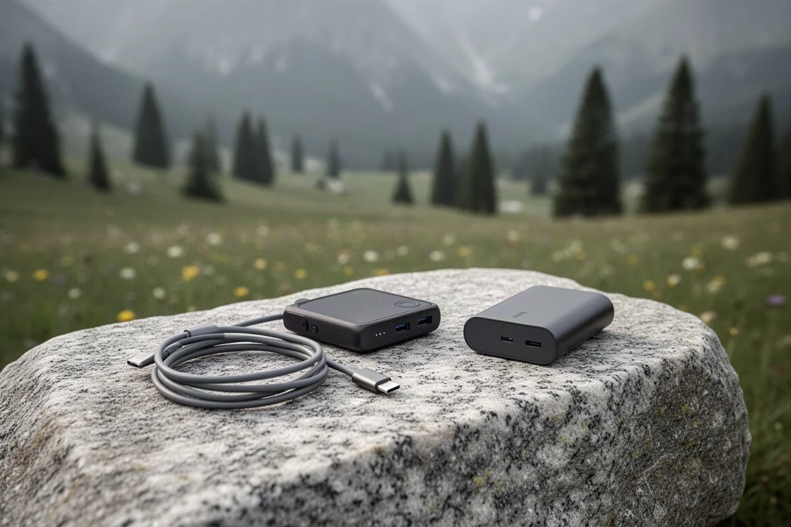 Kleines Handgerät auf einem Granitfindling neben aufgerolltem USB-C-Kabel und Powerbank