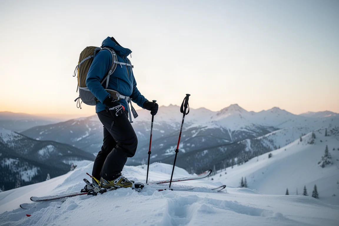 Backcountry-Skifahrer pausiert zur goldenen Stunde auf verschneitem Grat mit Tourenrucksack