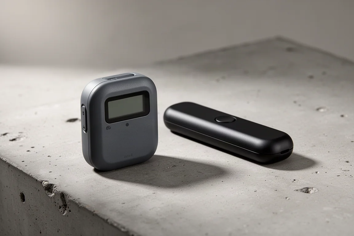 Two handheld satellite communicators side by side on a matte concrete surface