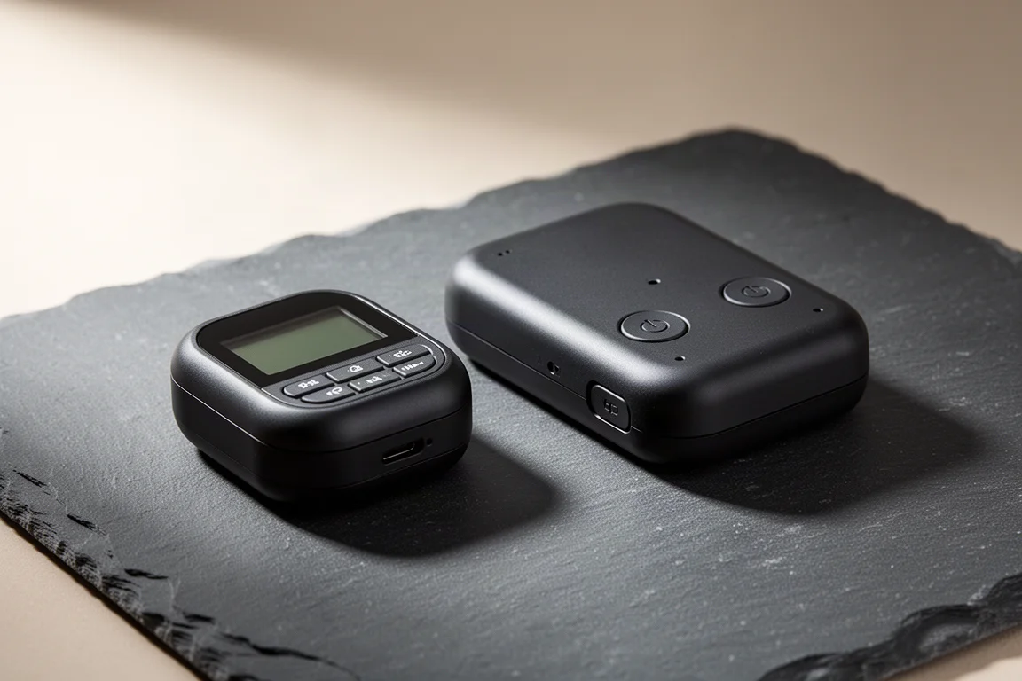 Twee compacte handheld satellietcommunicators naast elkaar op een leistenen oppervlak