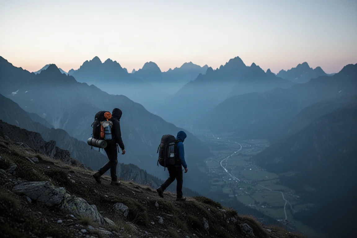 Escursionista che cammina su un'alta cresta alpina all'alba con cime lontane stratificate