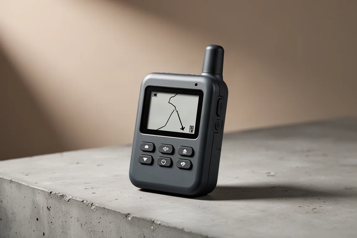 Compatto comunicatore satellitare su cemento accanto a una custodia in tessuto per mappe e un cordino