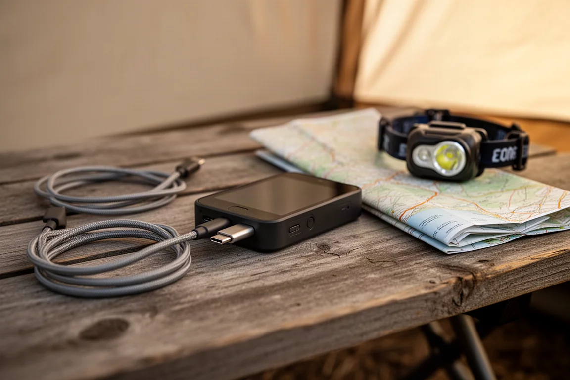 Kabel USB-C podłączony do małego urządzenia ręcznego na drewnianym stole kempingowym