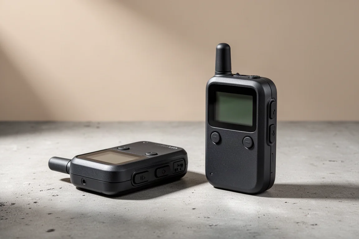 Two compact handheld satellite communicators side by side on a matte concrete surface