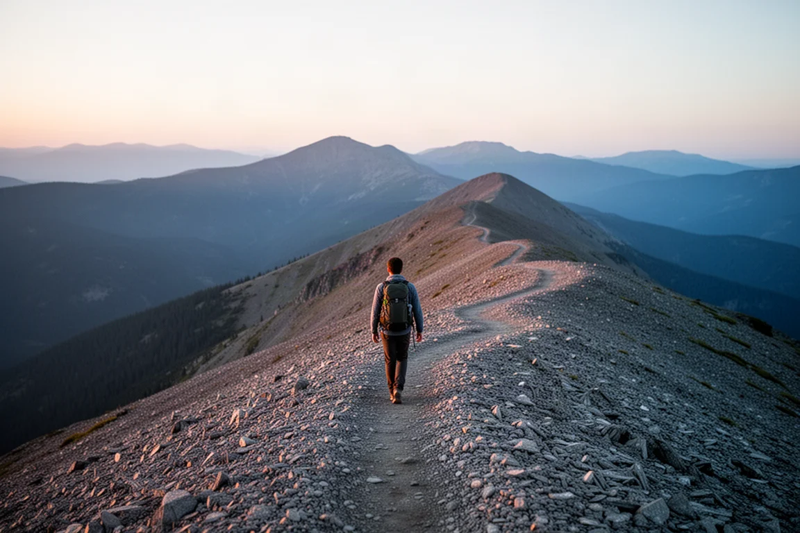Escursionista su un'alta cresta di montagna al crepuscolo con un piccolo zaino e un sentiero che si snoda verso colline blu