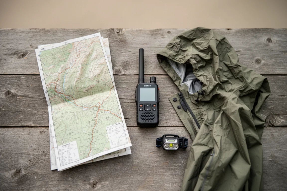 Disposizione piana di una mappa topografica, comunicatore satellitare compatto, guscio antipioggia e lampada frontale su legno usurato