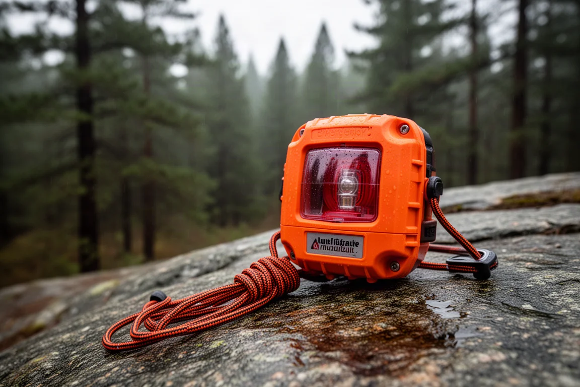 Robusto beacon di emergenza arancione appoggiato su granito umido con foresta di pini sfocata sullo sfondo