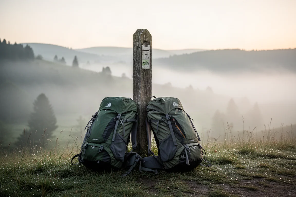 Due zaini appoggiati a un palo del sentiero alle prime luci con nebbia nella valle