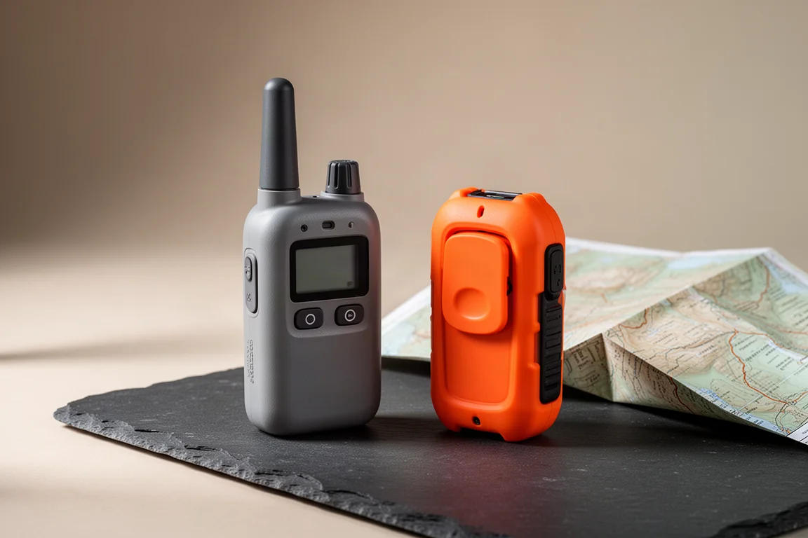 Comunicatore satellitare compatto e robusto beacon di emergenza arancione su ardesia accanto a una mappa topografica