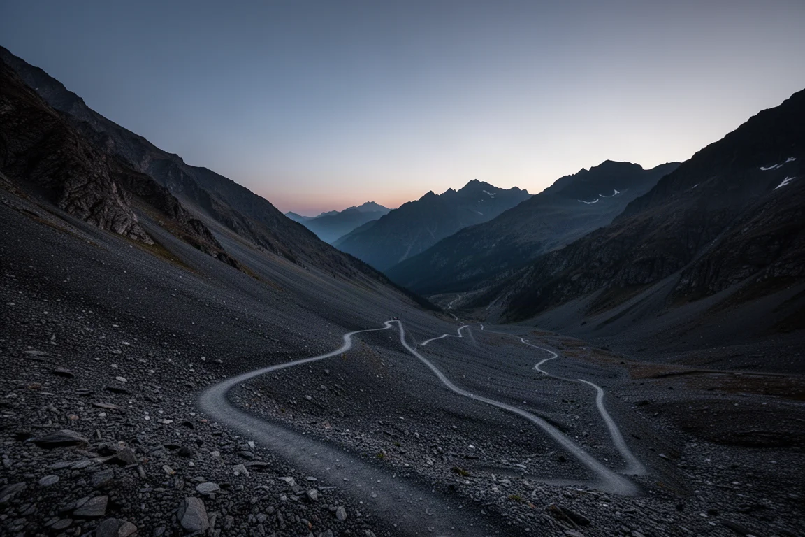 Strada di un paese di montagna all'alba con luce calda alle finestre sul selciato bagnato
