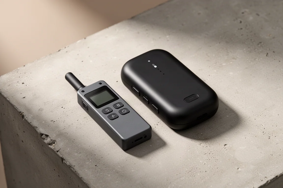 Two compact handheld satellite communicators side by side on a matte concrete surface