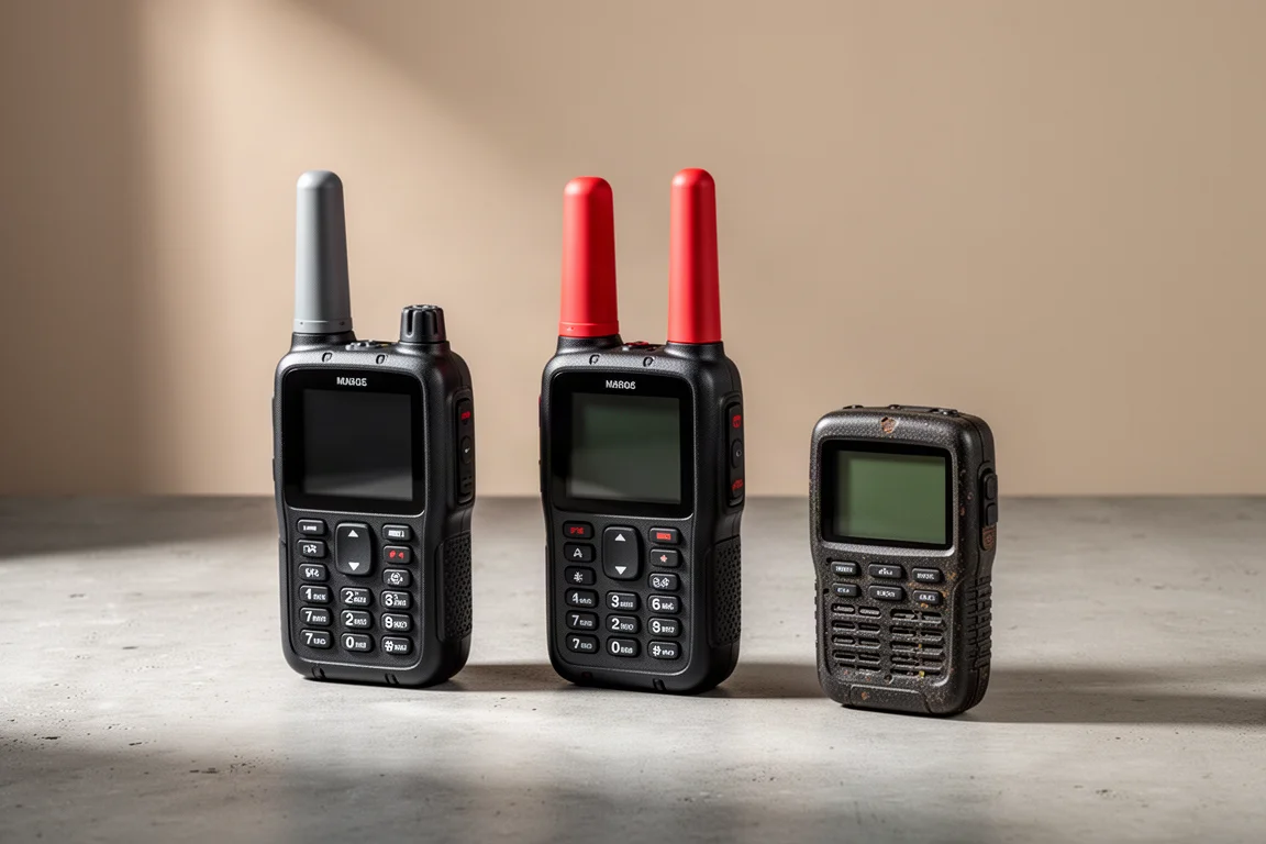 Drei kompakte Garmin-Satelliten-Kommunikatoren nebeneinander auf einer Betonoberfläche
