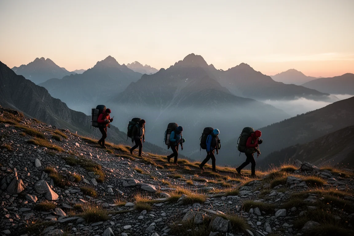 Backpacker wandern in der Abenddämmerung über einen hochalpinen Grat mit fernen Gipfeln in weichem Licht