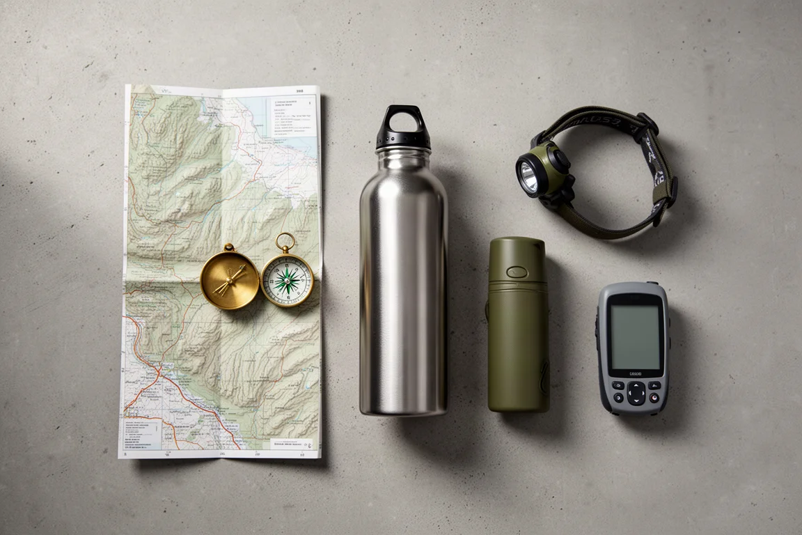 Draufsicht auf flach ausgelegte Backpacking-Essentials wie Karte, Kompass, Flasche und Stirnlampe