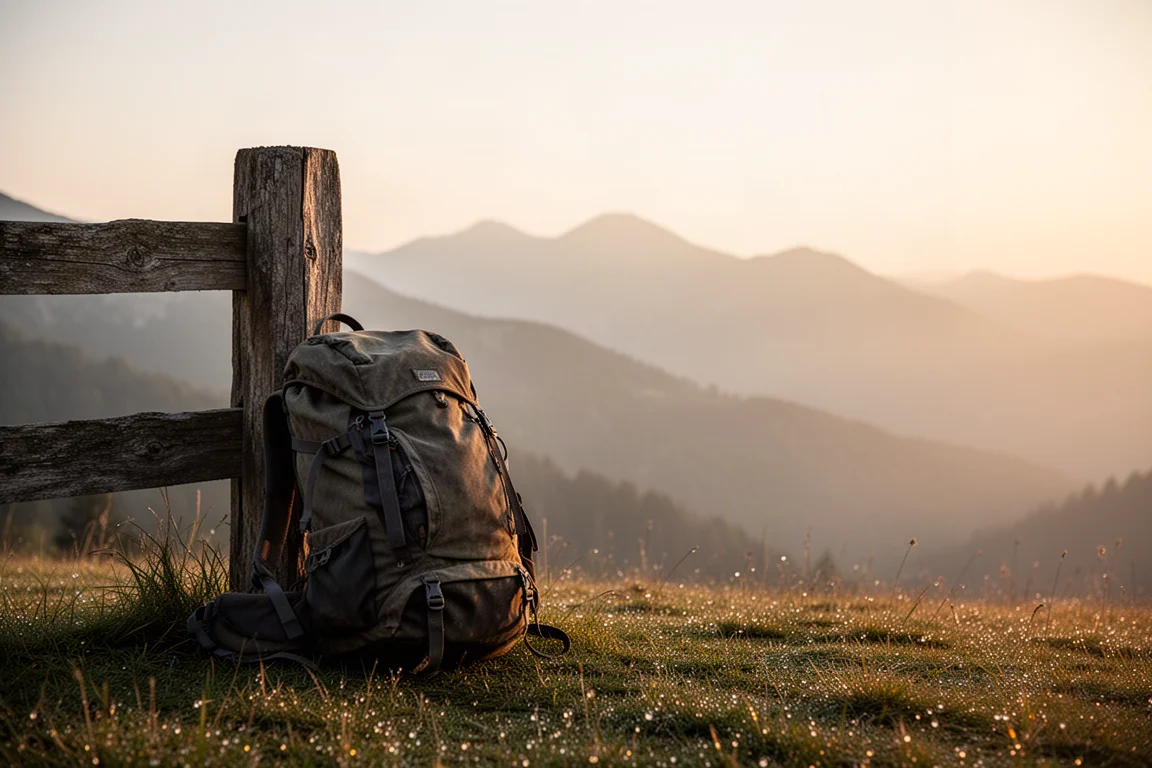 Rucksack lehnt bei Sonnenaufgang an einem Holzzaunpfosten, dahinter Berge