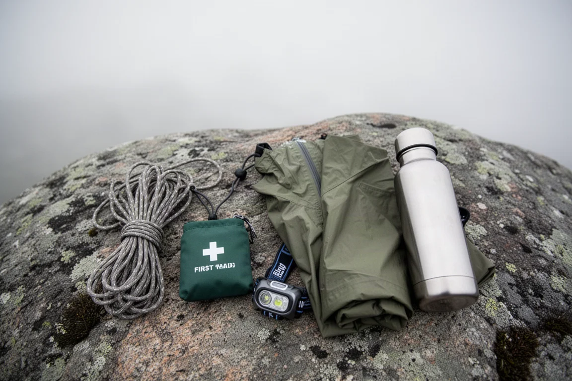 Draufsicht auf flach ausgelegte Backpacking-Essentials auf einer verwitterten Granitplatte im weichen Tageslicht