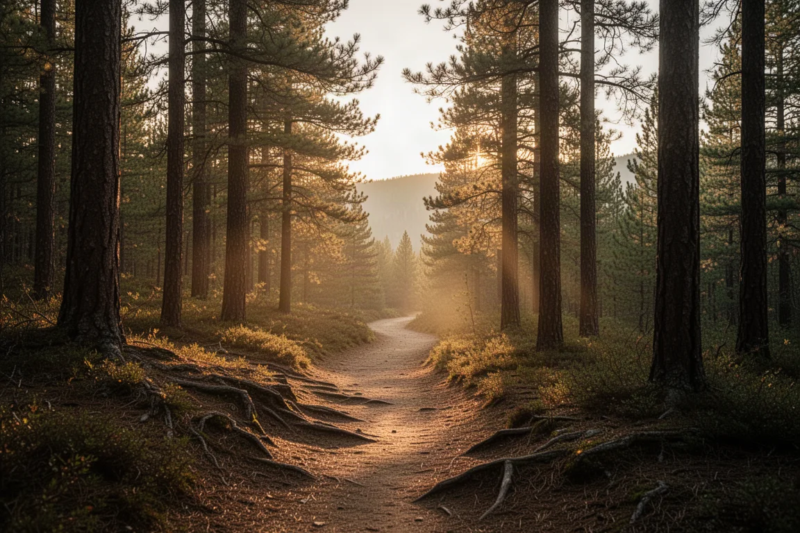 Schmaler Single-Track-Trail, der sich im warmen Licht der goldenen Stunde durch den Kiefernwald schlängelt