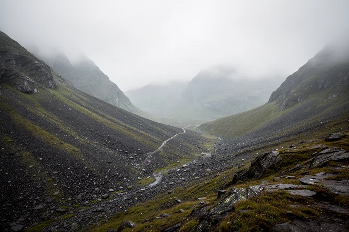 Abgelegenes alpines Tal unter tiefgrauen Wolken mit einem schwachen Pfad über einen Geröllhang
