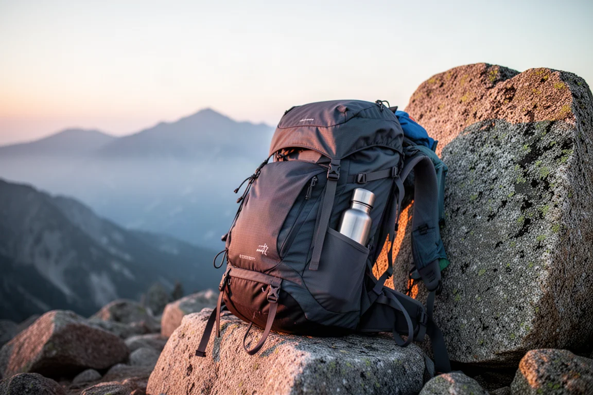 Beladener Wanderrucksack lehnt an einem Granitfindling in einem Hochlager bei Sonnenaufgang