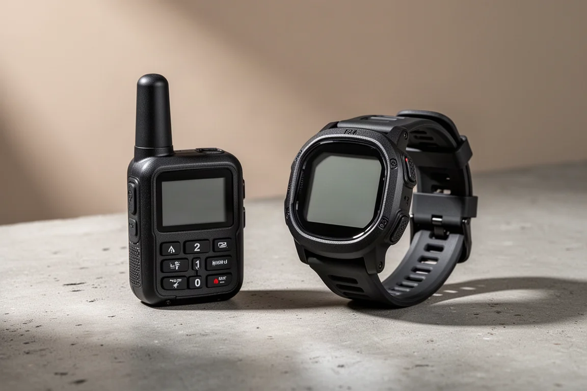 Comunicatore satellitare e robusto orologio GPS affiancati su una superficie di cemento opaco