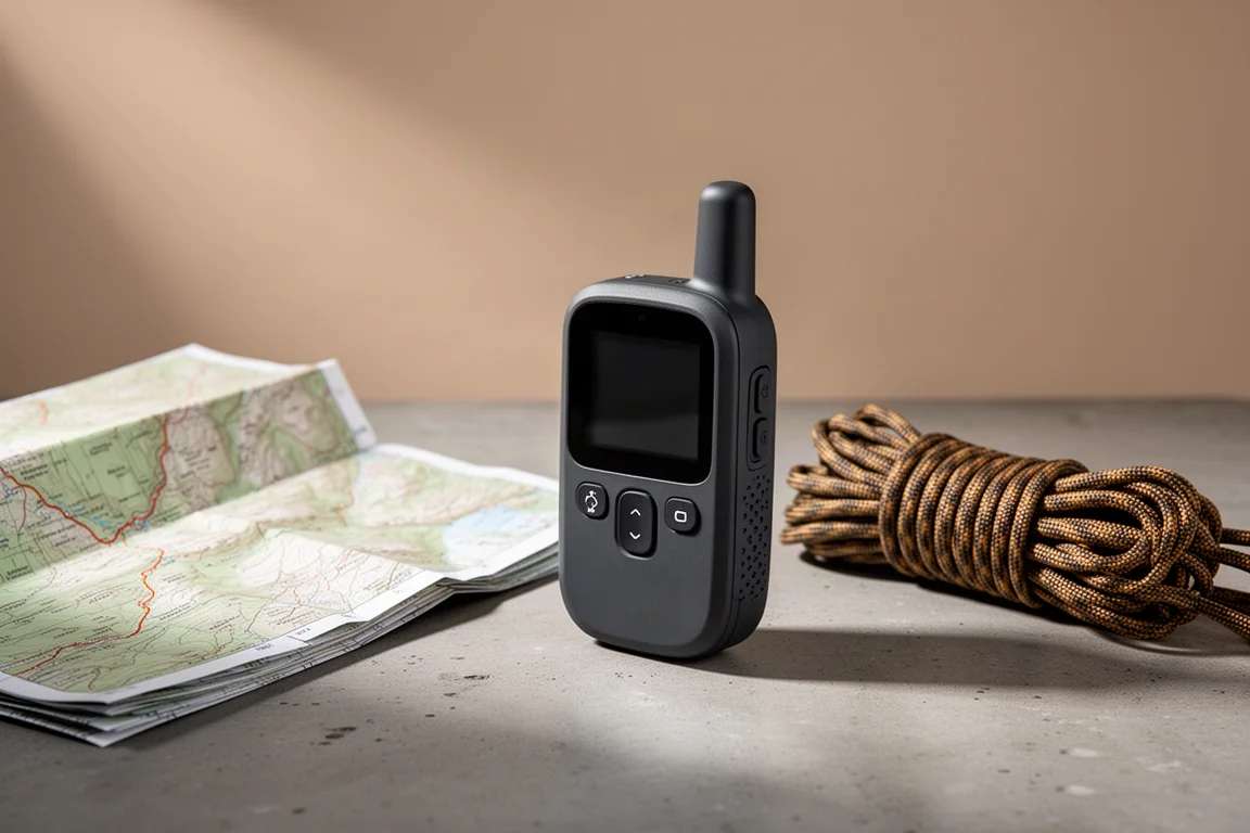 Compact rugged handheld satellite communicator with stub antenna on a concrete surface