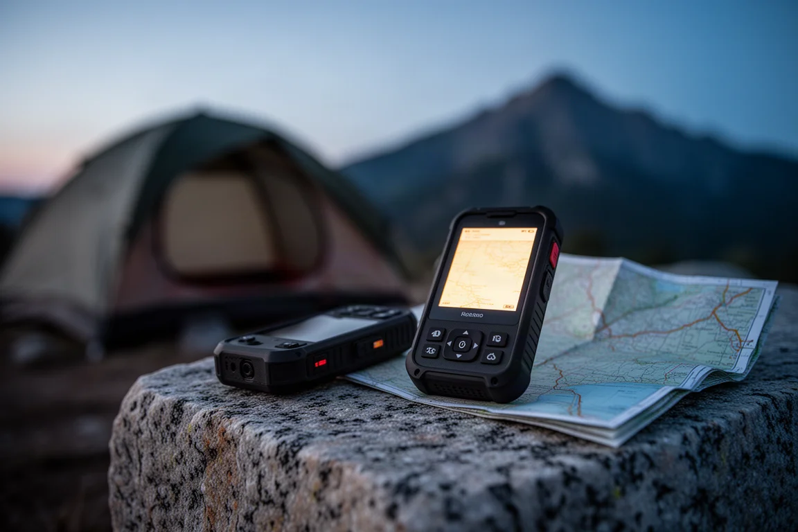 Overhead flat lay of ultralight backpacking gear and a power bank on concrete