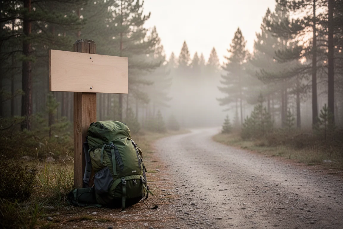 Loaded backpack leaning against a wooden post at a forest clearing at dusk