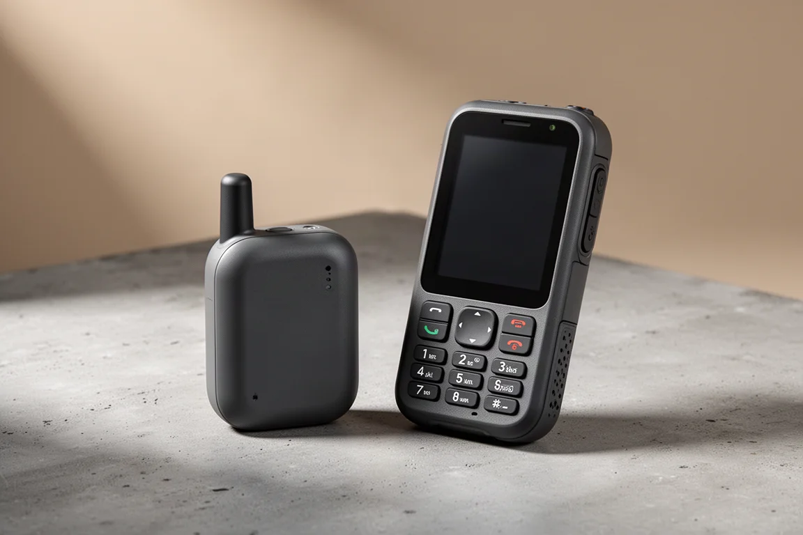 Two handheld satellite communicators on a granite slab beside a folded topographic map